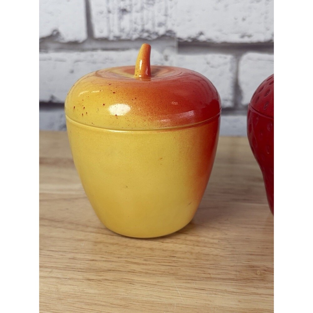 Hazel Atlas Jelly Jar Apple Strawberry Milk Glass Pair Lidded Jam Jar Vintage - Picture 2 of 15